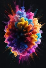 Tiny colored dots explode in a colorful cloud on a dark black background, colorful particles, gradient colors, tiny colored dots