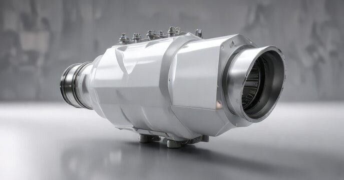 White catalytic converter with lambda sensor on shiny surface, sleek design, catalytic metal, reflective metal