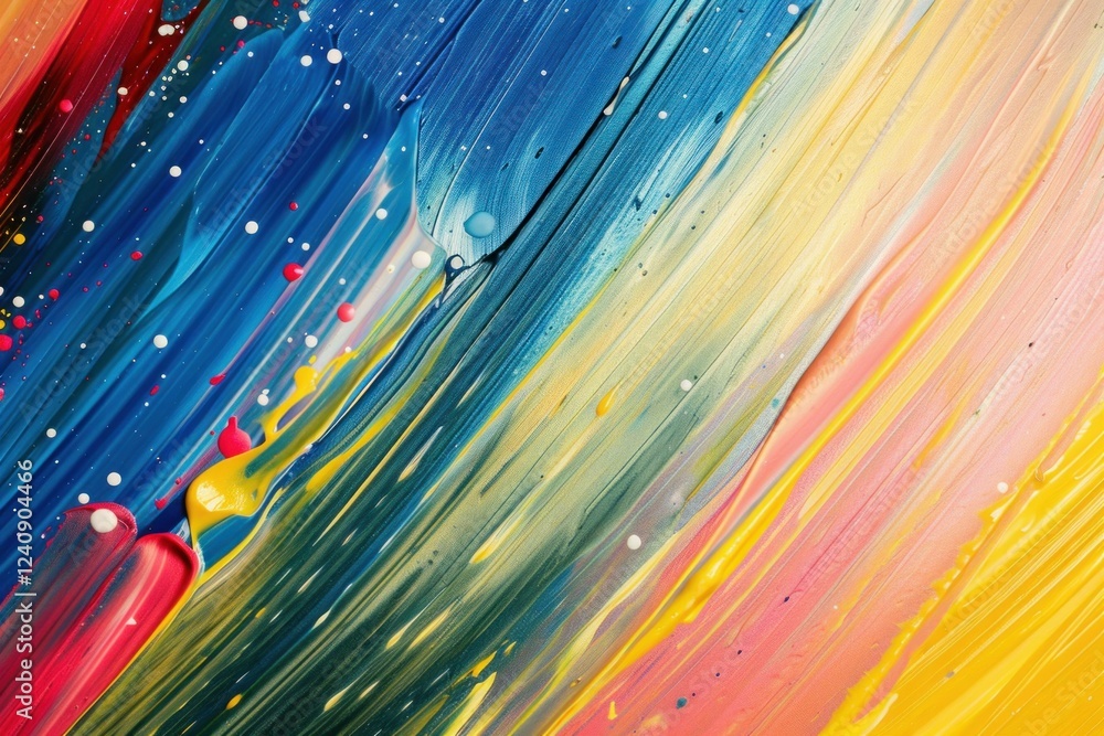 Poster vibrant hues blend together, creating a dynamic abstract painting with diagonal stripes and colorful