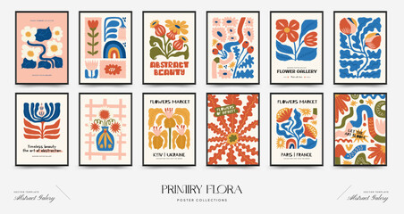 Abstract floral posters template. Modern trendy Matisse minimal style. Pink and blue colors. Hand drawn design for wallpaper, wall decor, print, postcard, cover, template, banner.