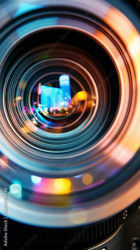Poster exploring the intricate details of a camera lens with vibrant bokeh effects in a modern setting