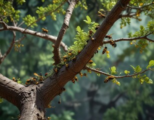 Tree branch infested with   wasps and their eggs , insect colony, nesting site, tree infestation