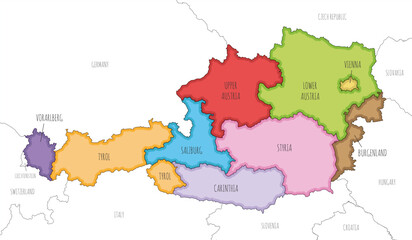 Fototapeta premium Vector illustrated regional map of Austria with federal states and administrative divisions, and neighbouring countries and territories. Editable and clearly labeled layers.