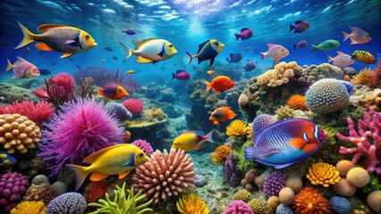 Obraz premium Tropical underwater scene with vibrant coral reef surrounded by schools of colorful fish swimming in every direction, colorful, watercolor