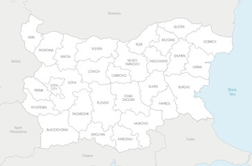 Vector regional map of Bulgaria with provinces and administrative divisions, and neighbouring countries and territories. Editable and clearly labeled layers.