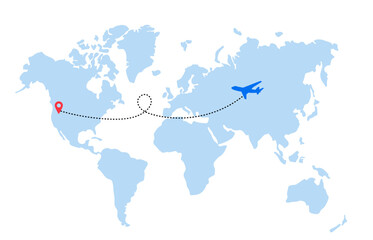 World travel concept. Airplane flying all over the Earth. Vector illustration. Map America Asia Europe Africa Background. Travel trip Company Adventure trip Banner