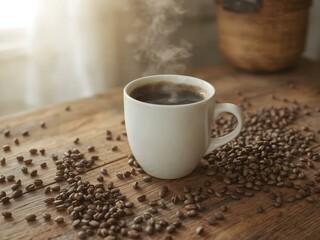A steaming cup of freshly brewed coffee on a rustic wooden table, surrounded by coffee beans and soft morning light.