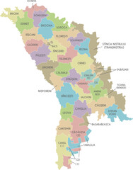 Vector regional map of Moldova with administrative divisions in districts, municipalities and autonomous territorial units. Editable and clearly labeled layers.