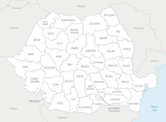 Vector regional map of Romania with counties and administrative divisions, and neighbouring countries and territories. Editable and clearly labeled layers.