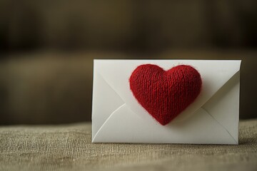 A white envelope with a soft, knitted red heart resting on it, symbolizing love and affection, placed on a cozy fabric background.