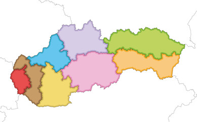 Fototapeta premium Vector illustrated blank map of Slovakia or Slovak Republic with regions and administrative divisions, and neighbouring countries and territories. Editable and clearly labeled layers.