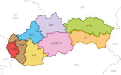 Vector illustrated map of Slovakia or Slovak Republic with regions and administrative divisions, and neighbouring countries and territories. Editable and clearly labeled layers.