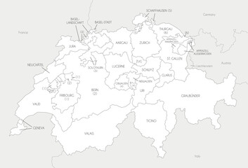 Vector regional map of Switzerland with cantons and administrative divisions, and neighbouring countries and territories. Editable and clearly labeled layers.