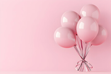 *Pink balloons floating against a pink background. Abstract, minimalist concept. A banner with copy space, soft lighting, and ultra-realistic photography. High resolution, highl