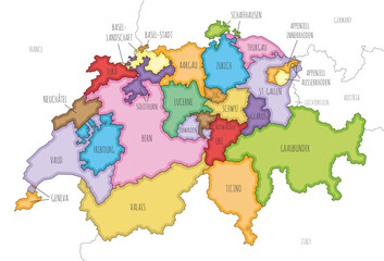 Vector illustrated regional map of Switzerland with cantons and administrative divisions, and neighbouring countries and territories. Editable and clearly labeled layers.