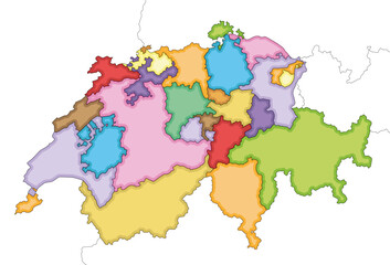 Vector illustrated regional blank map of Switzerland with cantons and administrative divisions, and neighbouring countries and territories. Editable and clearly labeled layers.