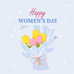 Greeting card for Mother's Day or March 8. Bouquet of beautiful flowers, tulips.