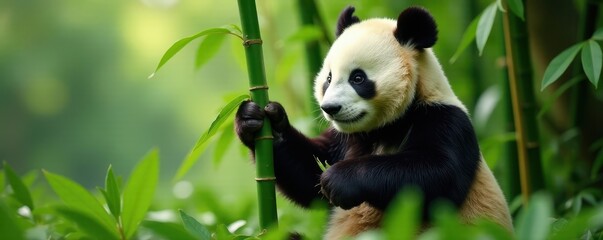 Obraz premium Giant panda meticulously stripping bamboo leaves, animal, animal photography