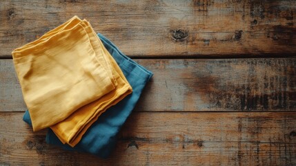 Fototapeta premium Two folded cloths on a rustic wooden surface.