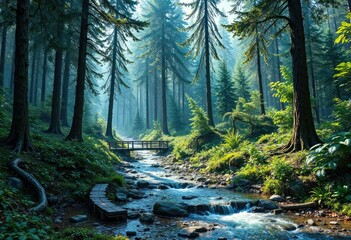 Fototapeta premium Water stream meandering through a dense forest with tall trees and a wooden bridge , trees, winding