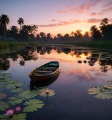 Fototapeta premium Water lily pond at dusk with a few boats in the distance, water lily pond, calm water, aquatic plants