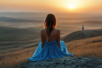 A woman in a blue dress sits on a hilltop, watching the sunset and a distant figure.
