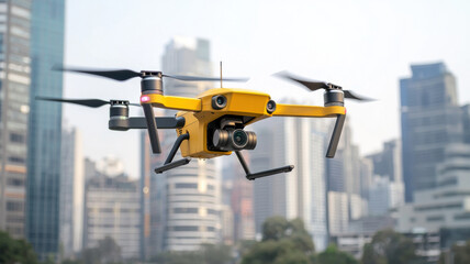 AI in Business and Industry Concept, Aerial drone flying over city skyline, showcasing modern technology and innovation