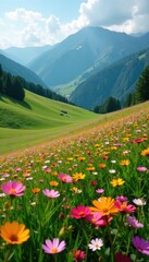 Fototapeta premium Rolling hills covered in a sea of colorful wildflowers, mountainside, grass