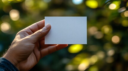 Hand holding a blank white card in an outdoor setting for branding, business, and promotional concepts.
