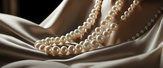Fototapeta premium Elegant closeup of a pearl necklace laid gracefully over soft fabric embodying sophistication and timeless beauty