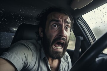 Scared driver screaming while driving in heavy rain and losing control of the car