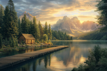 Fototapeta premium A photo of rustic cabin covered in a blanket of snow, surrounded by evergreen trees. Smoke rises from the chimney, and the soft glow of lights from inside creates a cozy and inviting atmosphere.