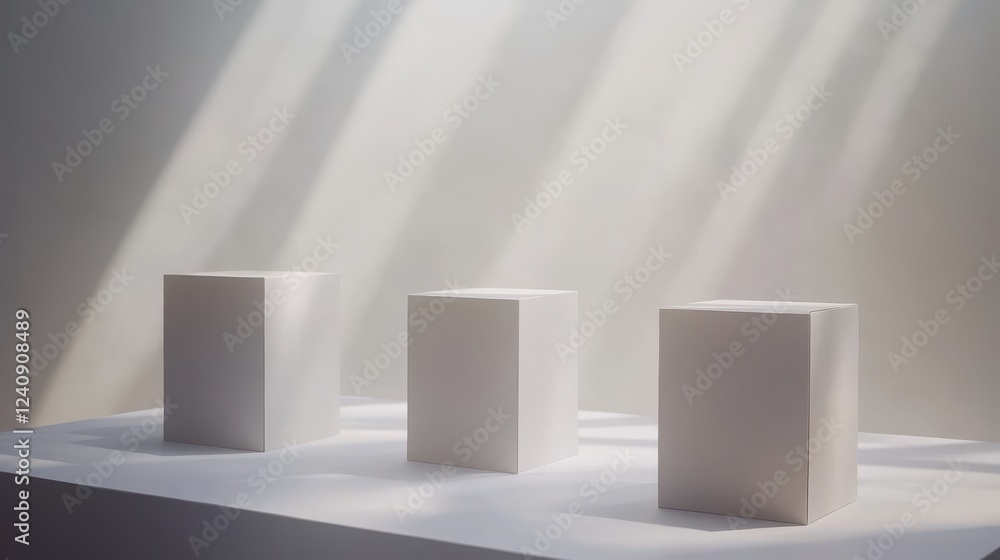 Poster minimalist display of three white boxes with soft lighting