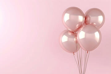 Pink balloons floating against a pink background. Abstract, minimalist concept. A banner with copy space, soft lighting, and ultra-realistic photography. High resolution.