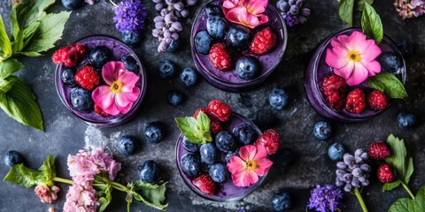 Colorful berry smoothies decorated with flowers, surrounded by fresh fruits and herbs on a dark surface
