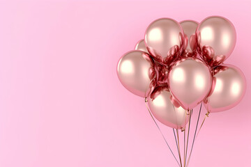Pink balloons floating against a pink background. Abstract, minimalist concept. A banner with copy space, soft lighting, and ultra-realistic photography. High resolution.