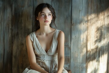 Naklejka premium A young woman in a beige linen dress sits against a rustic wooden wall, lost in thought.