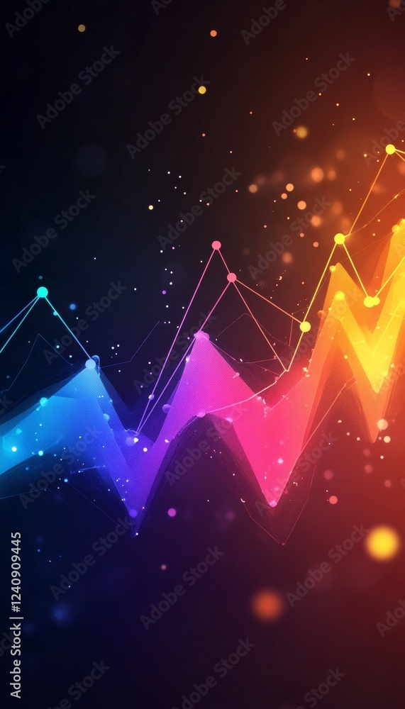 Poster dynamic stock market data visualization with vibrant colors and upward trend on dark background