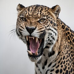 A roaring jaguar with detailed fur texture, pure white background.