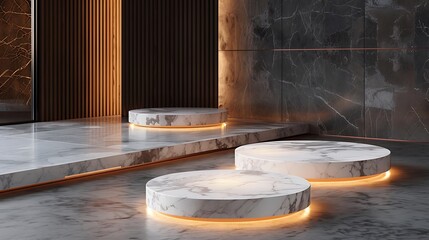 Three round podiums with polished marble surfaces glowing softly with white and amber light, creating a luxurious and serene atmosphere.