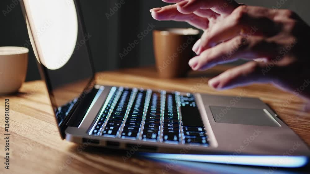 Poster hands typing code on modern laptop, warm light casting soft shadows across ergonomic workspace highl