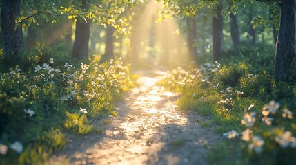 Obraz premium Sunlit forest path, flowers, morning mist; idyllic nature scene, website background