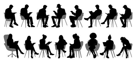 A collection of black silhouette illustrations depicting people sitting on chairs while reading or using devices.