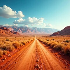Naklejka premium Dusty, ochre road disappearing into distant hills , pathway, travel, adventure