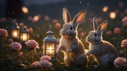Two adorable rabbits play in a flower-filled garden at dusk, surrounded by glowing lanterns