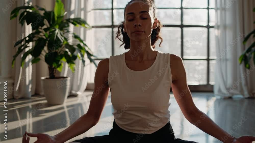 Poster woman practices meditation in a bright room with sunlight streaming through large windows, creating 