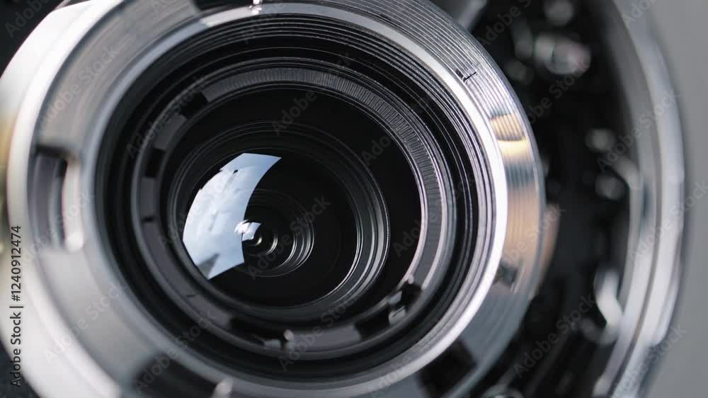 Poster precision lens mechanics revealing intricate focusing process, aperture dynamically changing with me