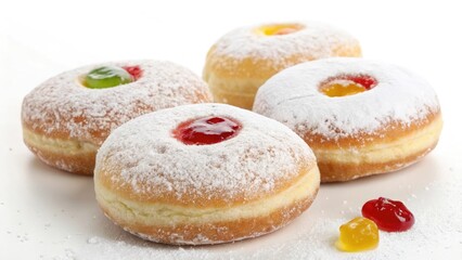 Assorted Jelly-Filled Donuts Topped With Powdered Sugar and Colorful Glazing on White Background