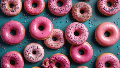 Vibrant pink donuts in flat lay arrangement, sprinkled with colorful toppings, donut,  snack