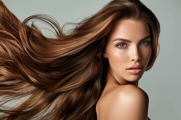 Obraz premium Studio portrait of a beautiful young woman with long, flowing, healthy brown hair